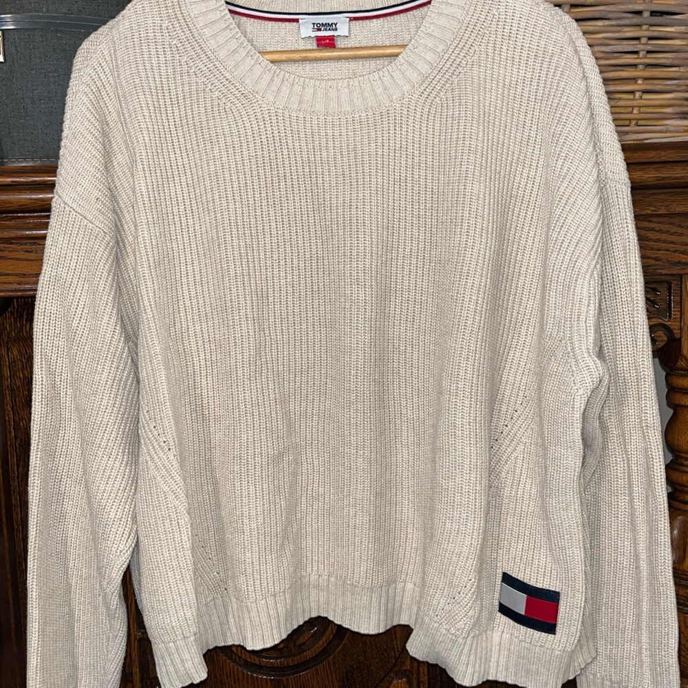 Tommy Hilfiger Beige Crewneck Knit Sweater with Flag Patch